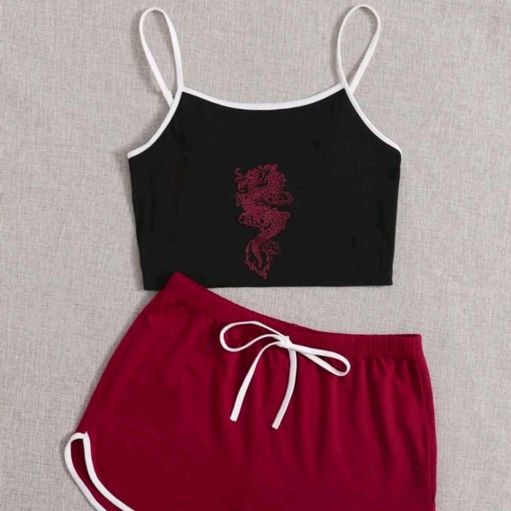 SHEIN EZwear Dragon Print Contrast Binding Cami Top & Dolphin Shorts Set